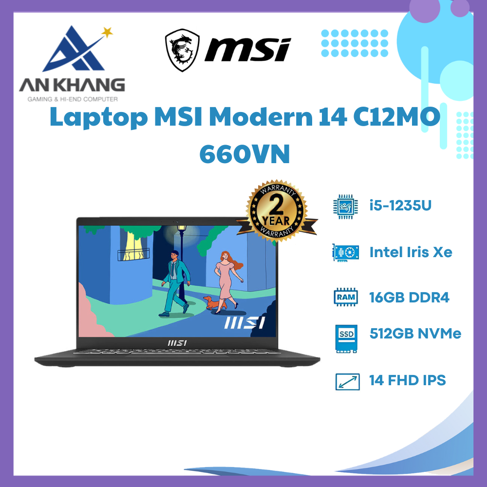 Laptop MSI Modern 14 C12MO-660VN (Intel Core i5-1235U | 16GB | 512GB | Intel Iris Xe | 14 inch FHD | Win 11 | Đen) - Hàng Chính Hãng - Bảo Hành 24 Tháng