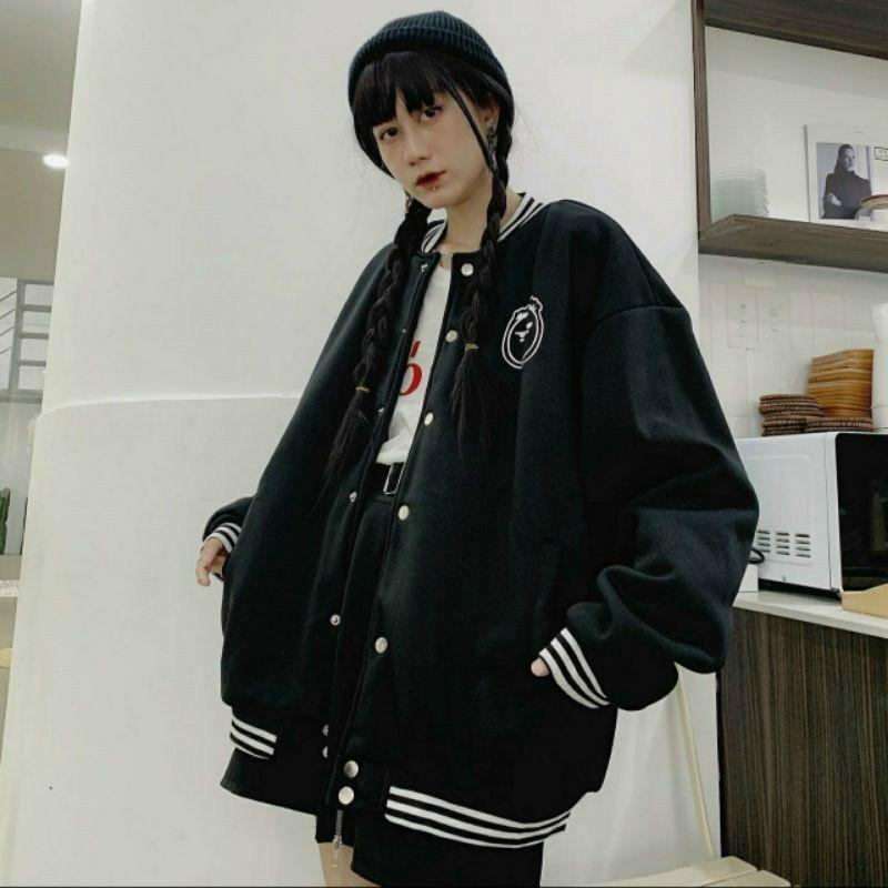Áo khoác nỉ bomber nam nữ thêu hình tóc xoăn chất nỉ bông dày dặn Phối Tay Sọc Thêu cậu bé đầu đinh Chất Siêu Đẹp Ullzang Bo Viền