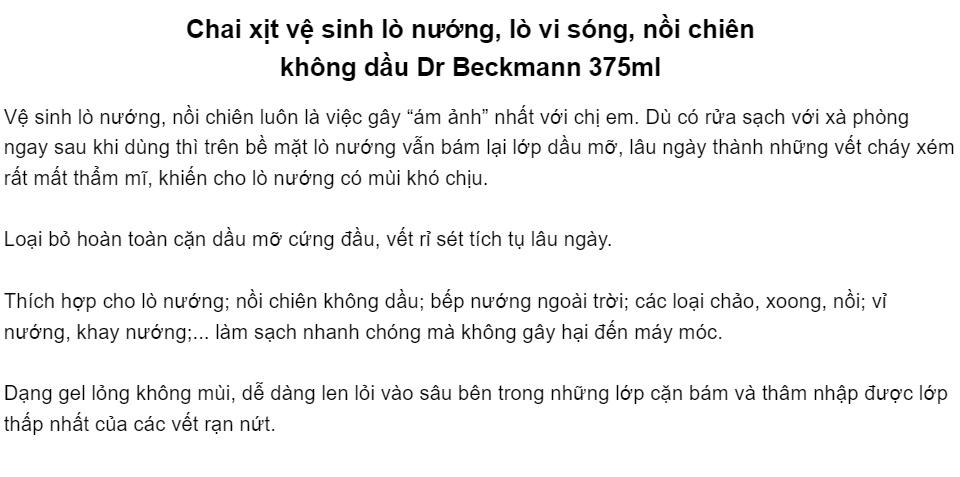 Chai xịt vệ sinh lò nướng, lò vi sóng, nồi chiên không dầu Dr Beckmann 375ml, làm sạch an toàn cho sức khỏe