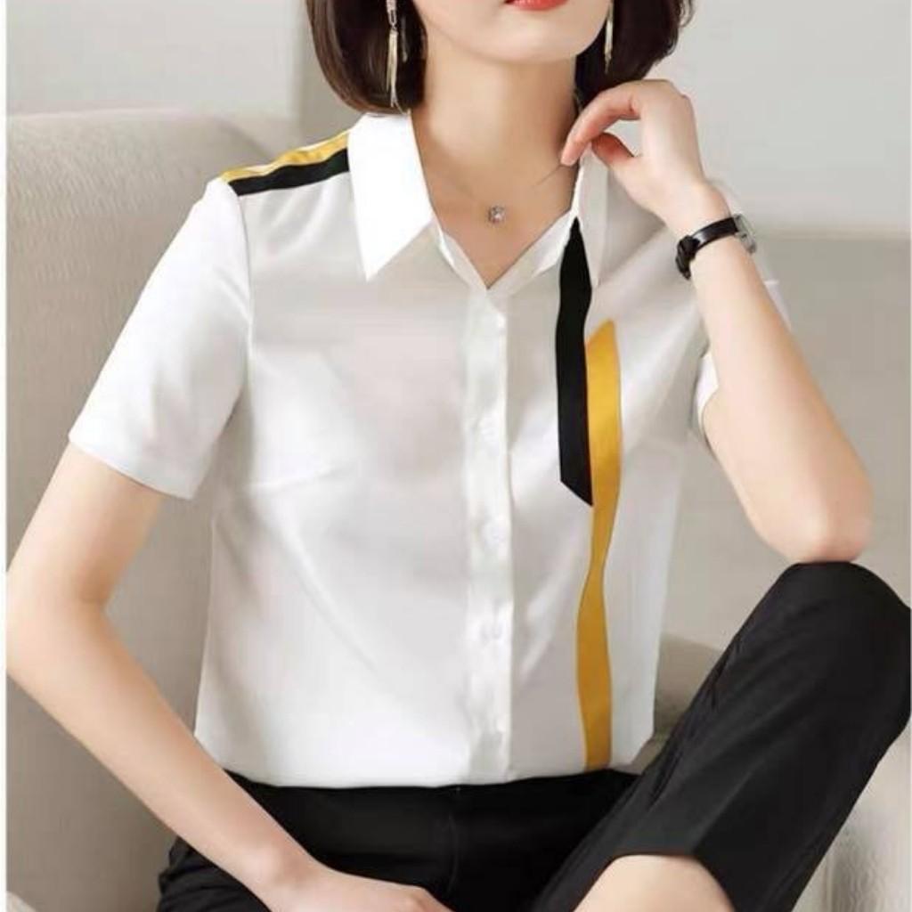 Hình ảnh Áo Sơ Mi Nữ Màu Trắng Ngắn Tay Viền Vàng Mẫu TE01 Thời Trang Top Fashion Shop Cao Cấp