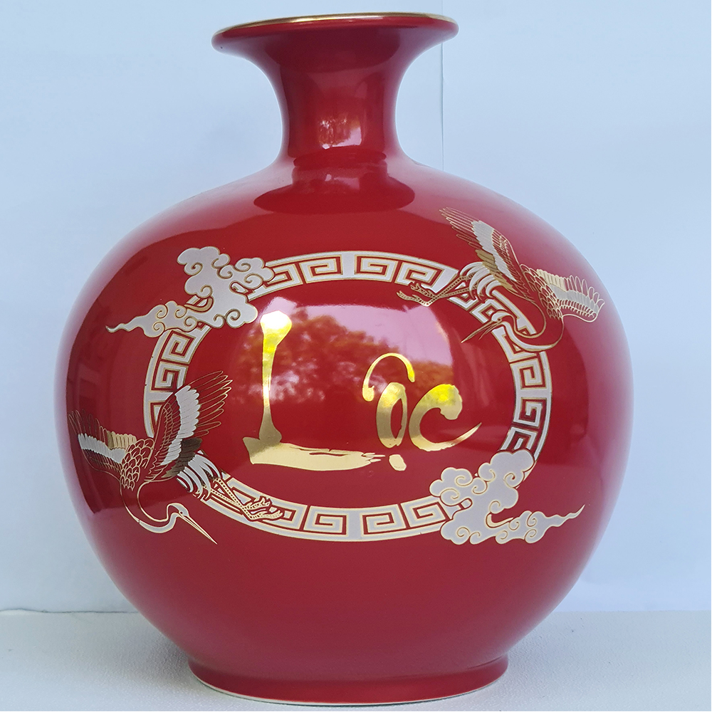 Bình Hút Lộc Gốm Sứ Đỏ Vẽ Chữ Lộc - 28 Cm - Mx