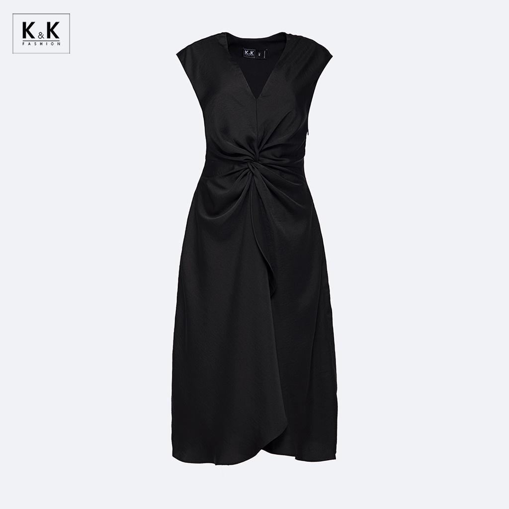 Đầm Midi Đen Dự Tiệc Cổ V Sát Nách Xoắn Eo K&amp;K Fashion KK130-25 Chất Liệu Silk