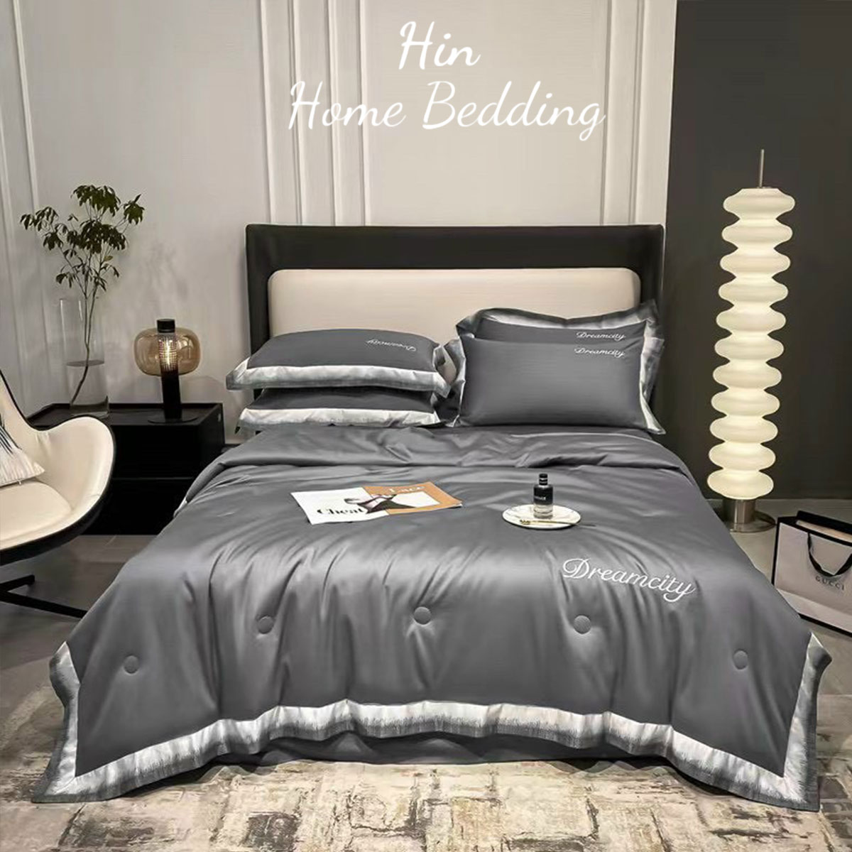 Bộ Chăn Ga Gối Đệm 5 Món Chăn Bông Hin Home Bedding Drap Giường Lụa Mẫu Xám Lông Chuột
