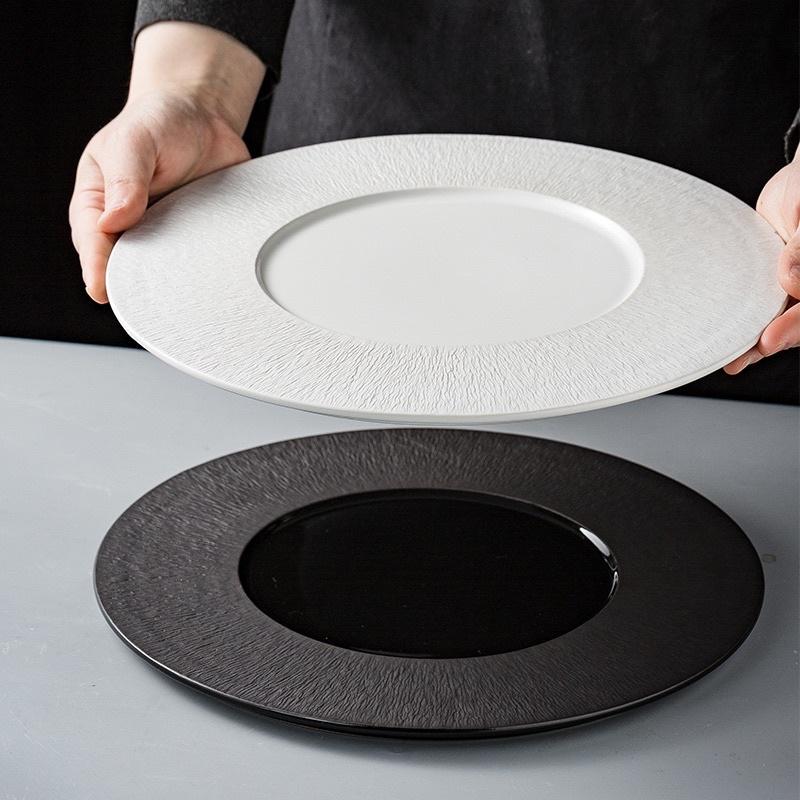 Đĩa Sứ Phẳng Cao Cấp Nhà Hàng, Đĩa sứ tròn trơn 2 màu Trắng Đen Sarang size 30.5 cm