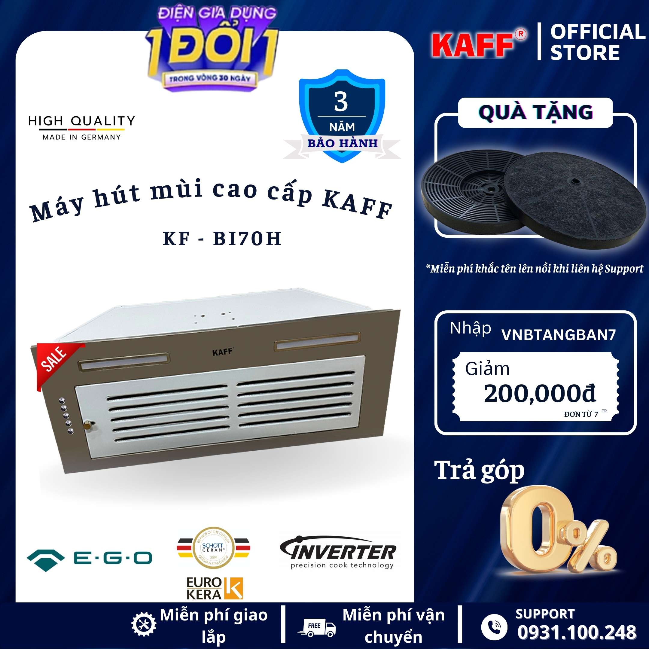 Máy hút mùi âm toàn phần mặt kính 700mm KAFF KF_BI70H Tặng bộ lọc than thay thế KAFF_ Hàng Chính Hãng
