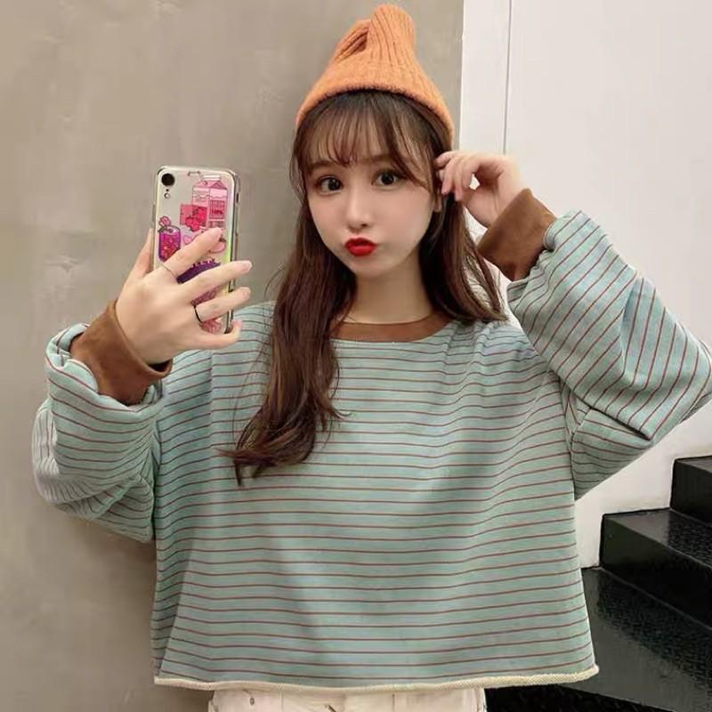 Áo croptop nỉ da cá kẻ ngang dài tay