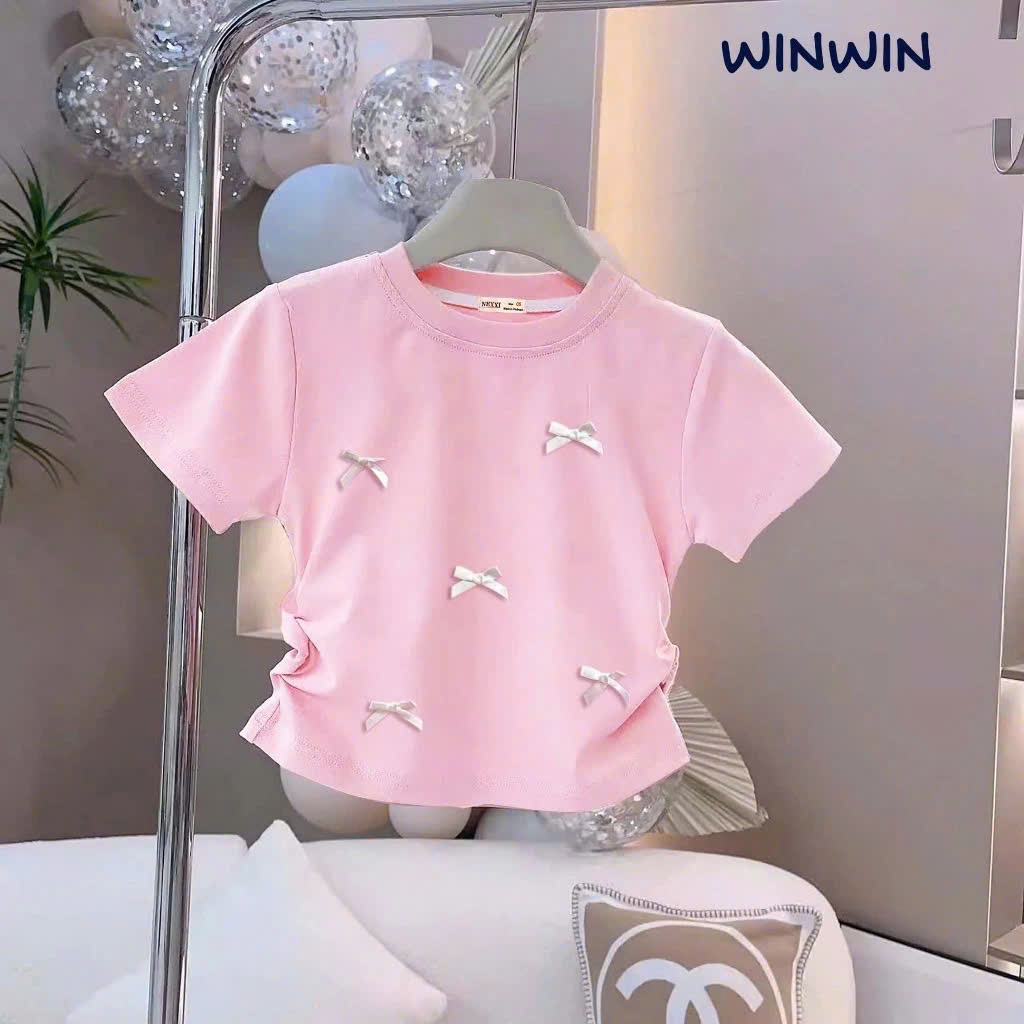 ÁO THUN CROPTOP KIỂU RÚT EO ĐÍNH NƠ NHÍ HOTTREND TỪ 8-45KG DÀNH CHO BÉ GÁI