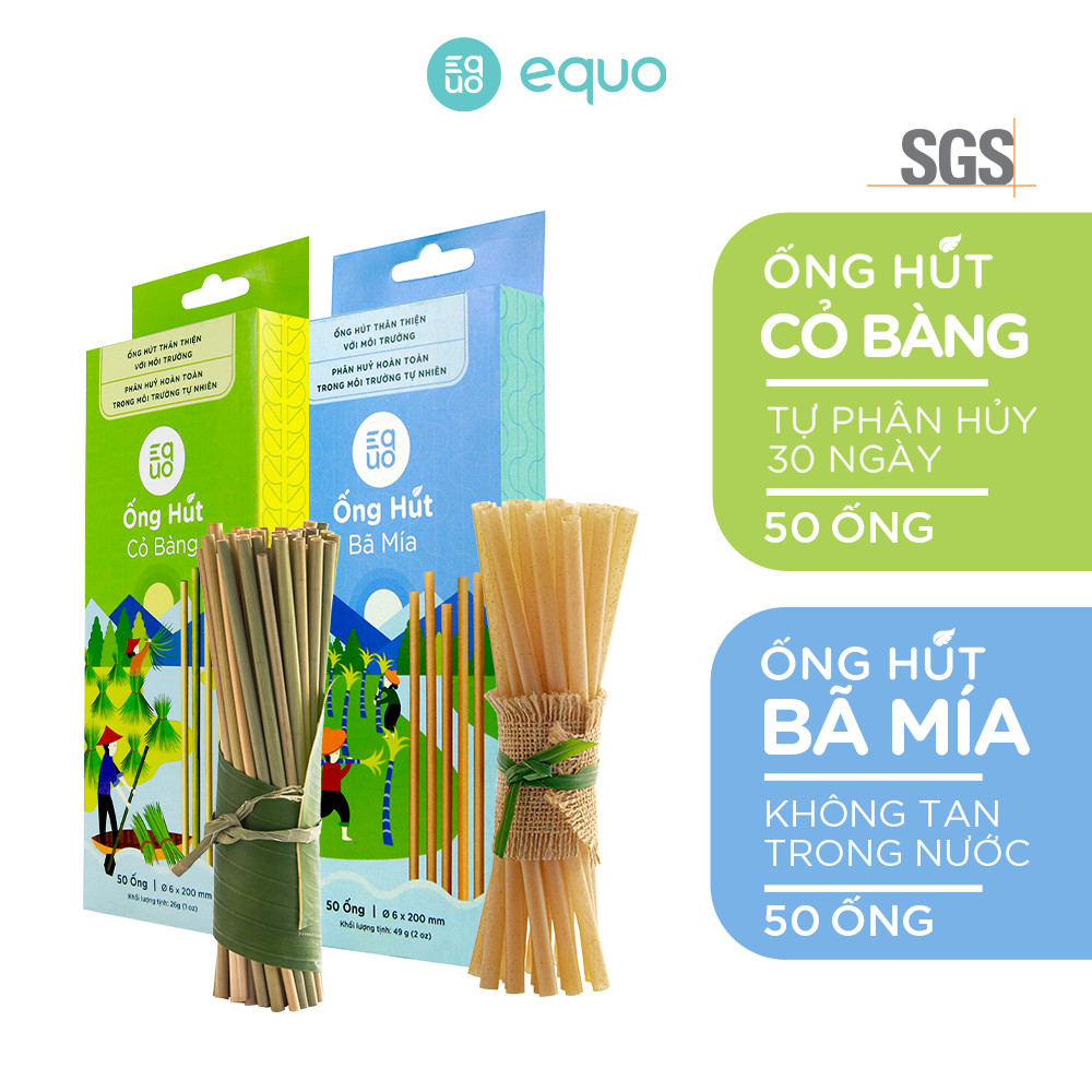 Combo Ống hút cỏ bàng tự nhiên phân hủy 30 ngày (50 ống) và Ống hút bã mía không tan trong nước (50 ống)