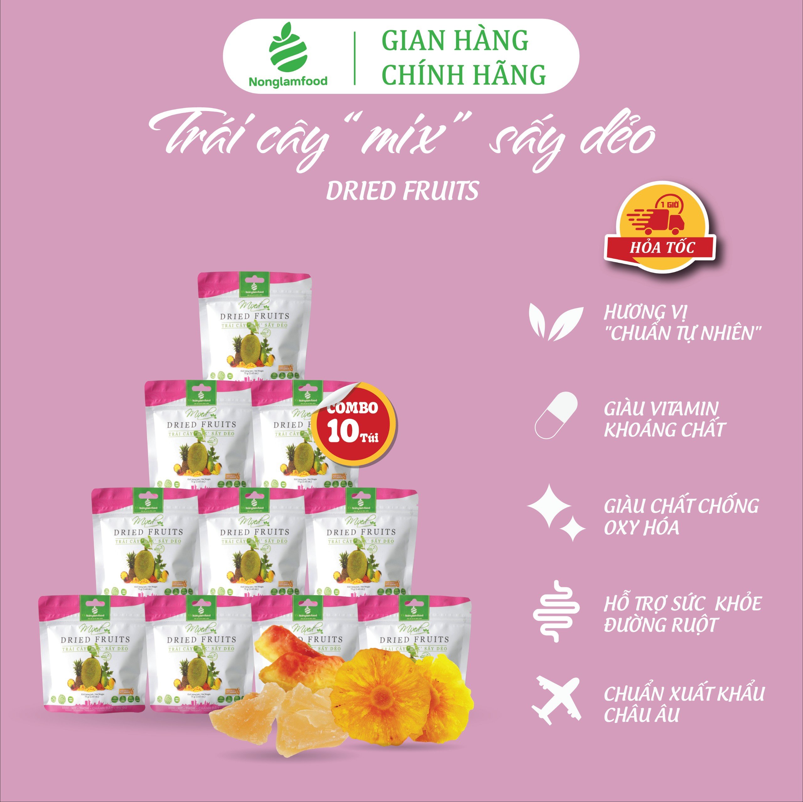 Combo 10 túi Mix hỗn hợp trái cây sấy dẻo (Đu đủ, Xoài, Thơm, Mít, Chanh dây) Nonglamfood túi 75g | Tăng cường chất xơ, đề kháng