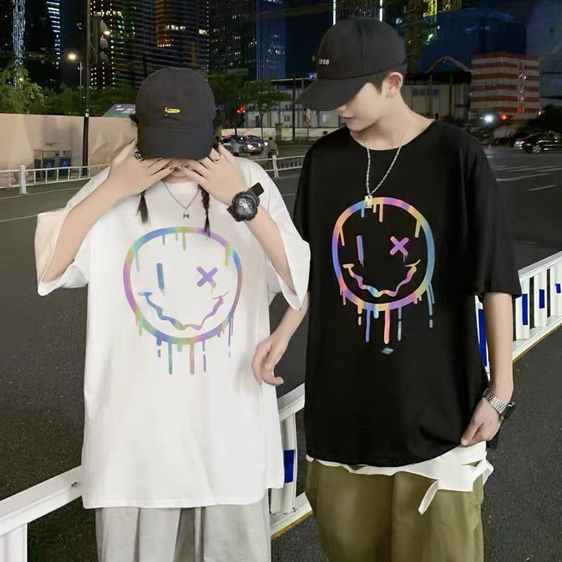 Áo thun mặt cười phản quang Tay Lỡ Unisex  basic tee mùa hè phông trơn nam nữ oversize form rộng