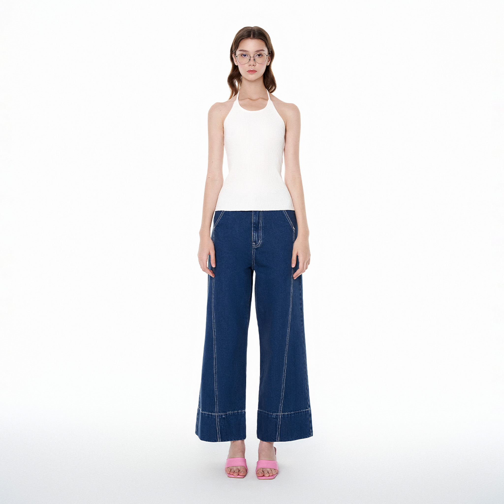 DOTTIE - Quần denim ống suông chạy chỉ nổi - Xanh đậm - Q0339