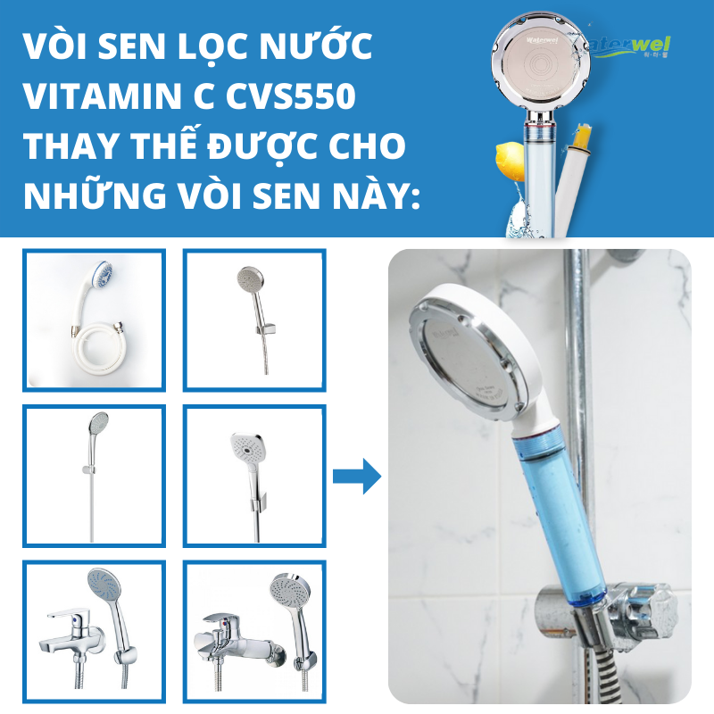 Vòi Sen Lọc Nước Vitamin C Waterwel CVS550 (White) Hàn Quốc - Vòi sen tăng áp lực nước - Lọc nước bằng Vitamin C - Hương chanh tự nhiên - Hàng nhập khẩu