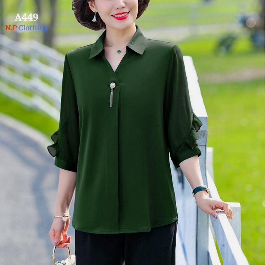 Áo Trung Niên Nữ A449, Mẫu Áo Trung Niên Cổ Sơ Mi Tay Lỡ Kèm Phụ Kiện Trang Nhã | Thời Trang Trung Tuổi U50