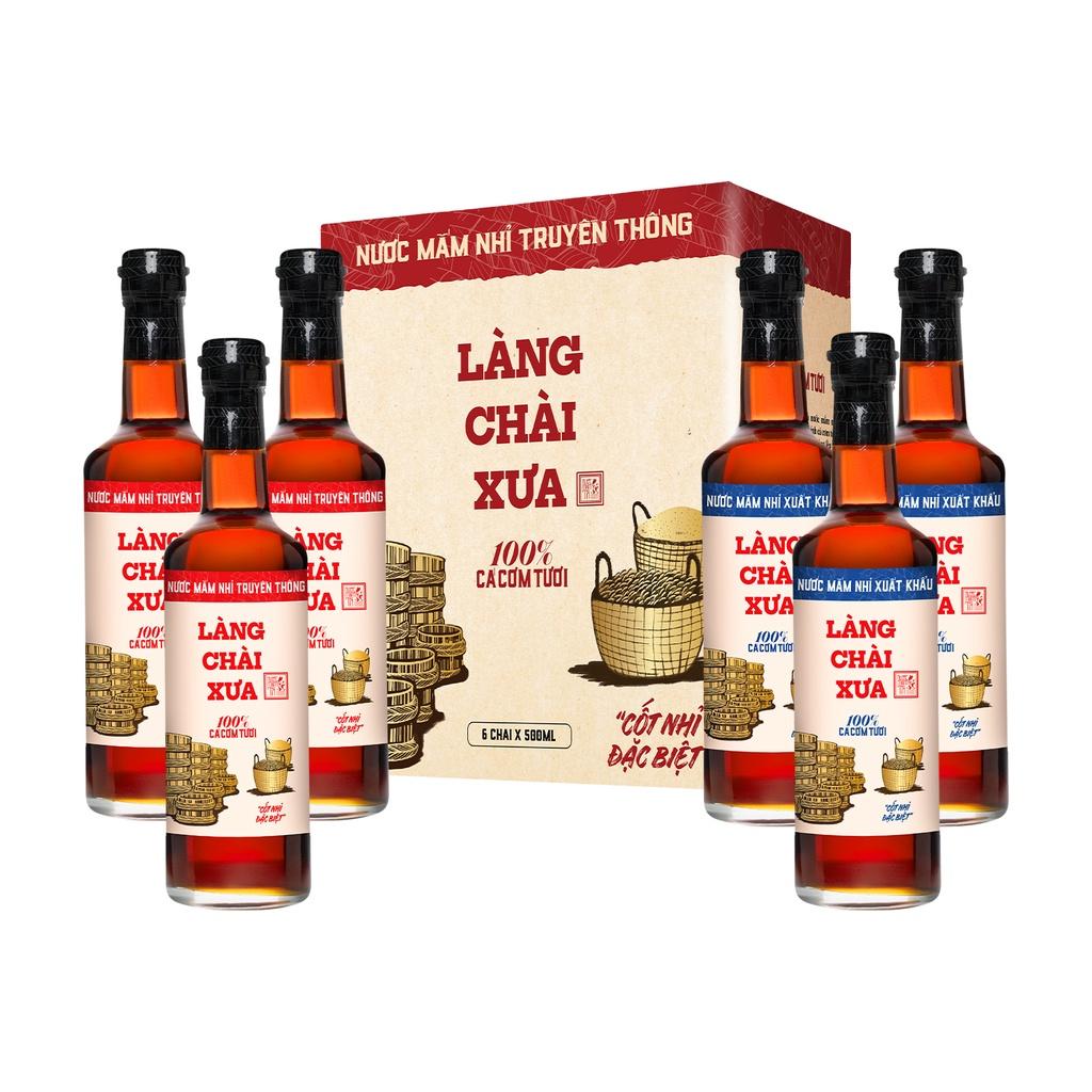 Thùng 6 chai kết hợp NƯỚC MẮM NHỈ LÀNG CHÀI XƯA TRUYỀN THỐNG (3 chai đỏ + 3 chai xanh) 500ml/chai