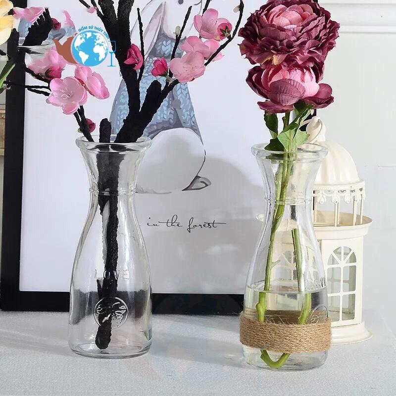 Bình bông ly thủy tinh cắm hoa eo in hình loại 350ml có kèm dây đay..