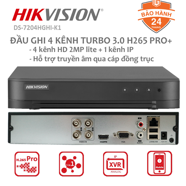 Đầu ghi camera 4 kênh turbo 1080P H.265 Hikvision DS-7204HGHI-K1 hàng chính hãng
