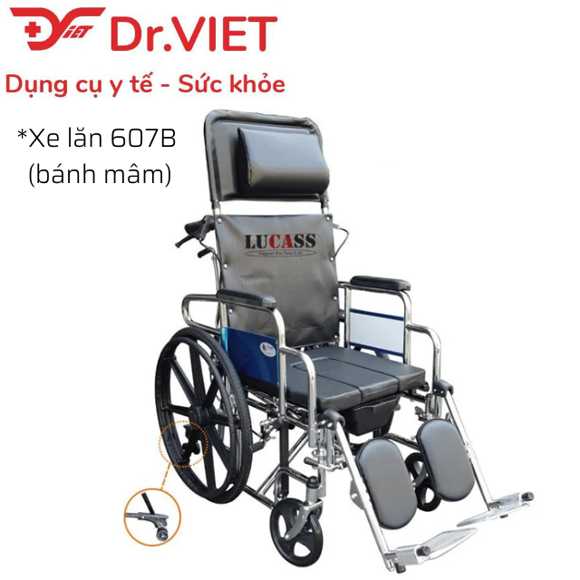 Xe lăn cao cấp đa năng Lucass X607 Chính hãng-Xe ngả nằm có bô, có thắng, 2 bánh xe chống lật cho người già, bệnh nhân, khuyết tật