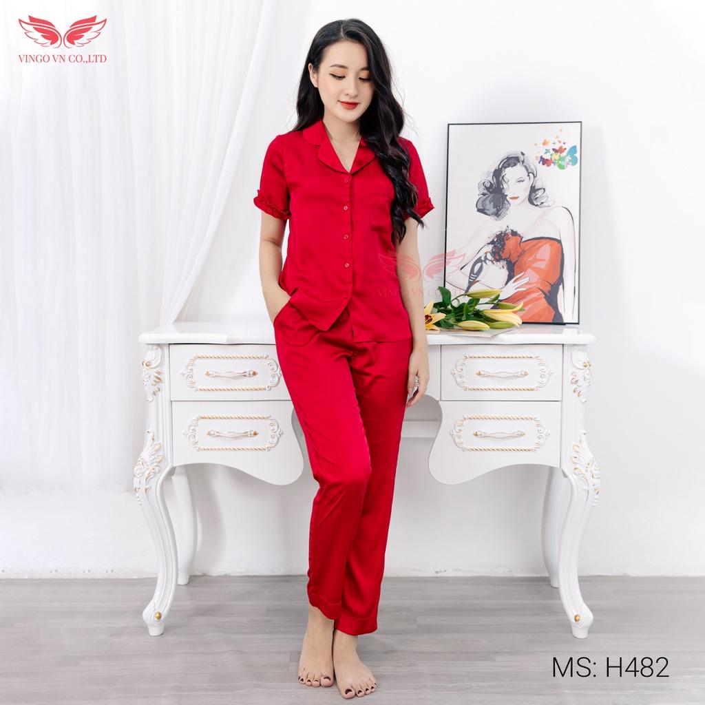 Bộ Đồ Ngủ Pijama Nữ VINGO Mặc Nhà Tay Cộc Quần Dài Lụa Pháp Trơn Mềm Cao Cấp Viền Bèo Thanh Lịch Thu Đông H482 VNGO