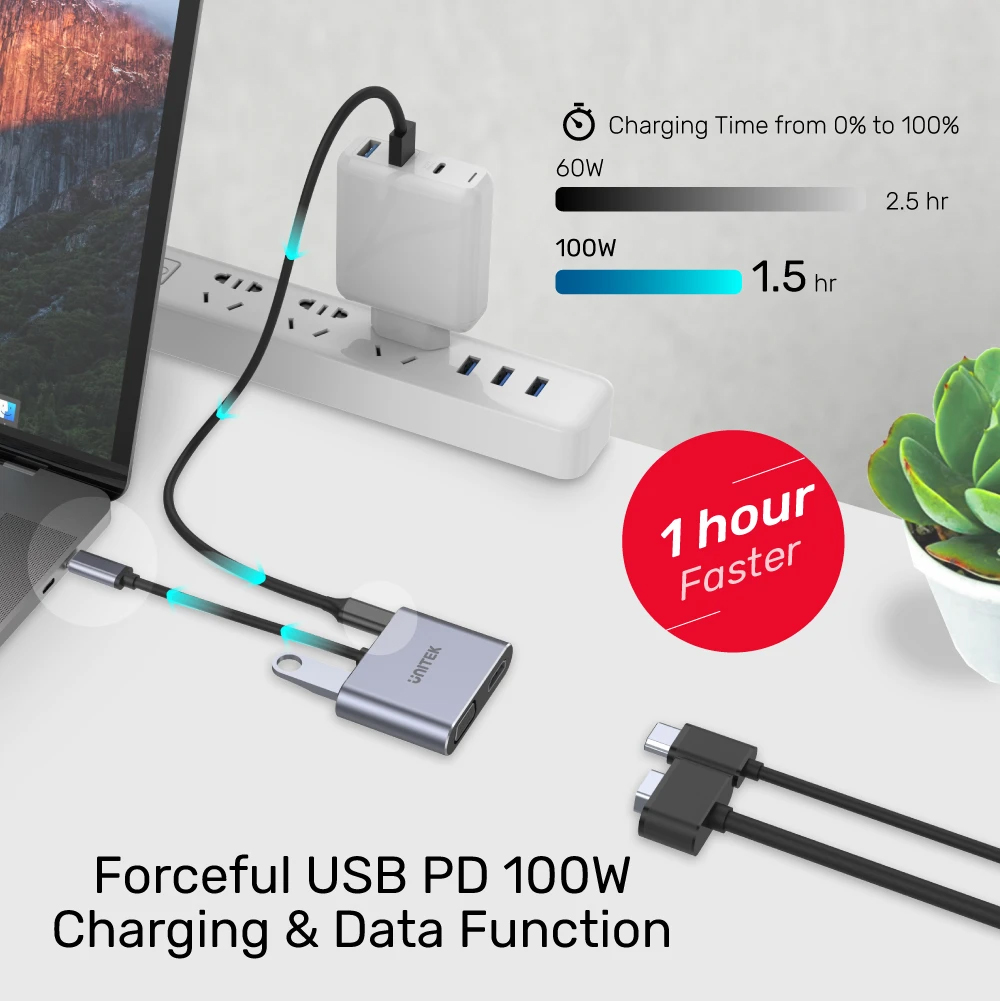 CÁP TYPE-C -&gt; USB 3.0 + HDMI + VGA + PD 100W UNITEK D1049A- Hàng chính hãng