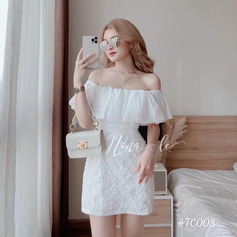 Đầm Nữ Trắng Trễ Vai Ngực Bèo Vải Xốp Hở Lưng Dáng Ngắn Phong cách hàn quốc Q115