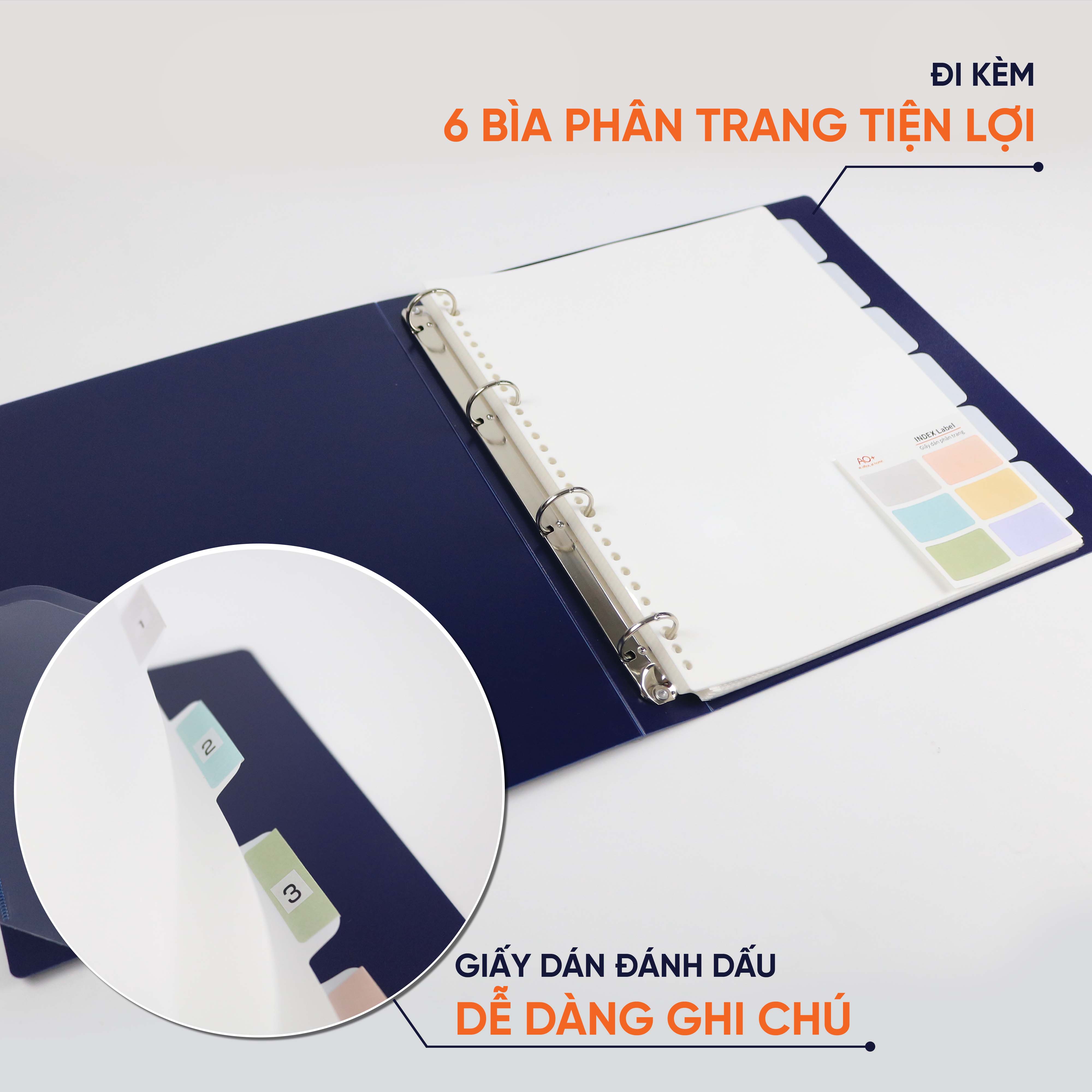 Bìa Còng O4 Switch ON AO+, Nhựa PP/ A4, 4 Nhẫn O, Kèm Bộ Phân Trang và Túi Sơ Mi Lỗ, (25/35/50 mm)