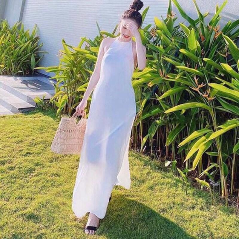 Đầm maxi cổ yếm hở lưng siêu xinh FREESIZE