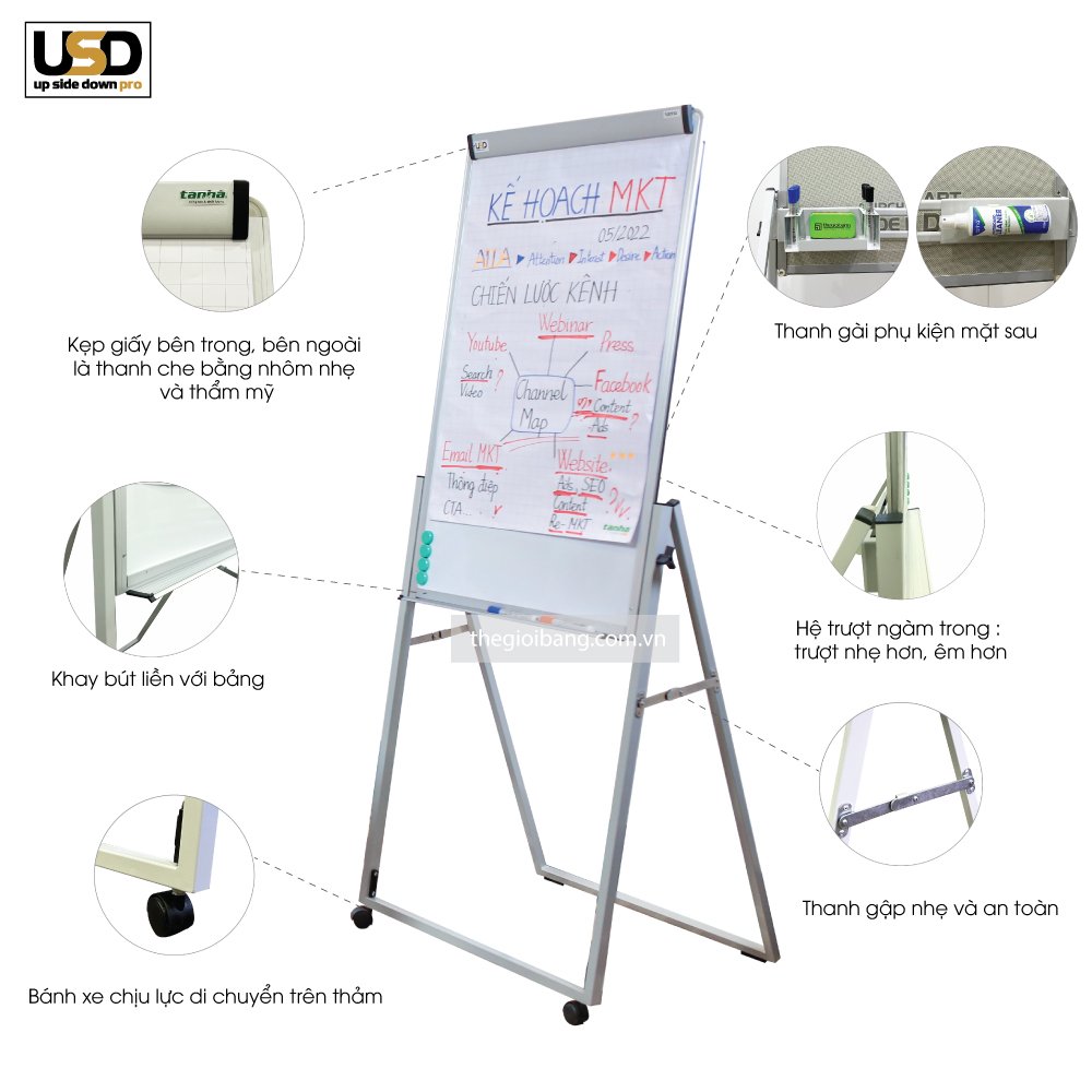 Bảng Flipchart UPSIDEDOWN Pro Tân Hà - Kích Thước 60x100cm, 90x120cm - Tặng Phụ Kiện