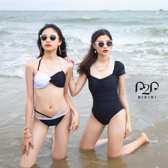 P2P BIKINI - Bikini hai mảnh cột dây, quần tam giác phối dây trắng đen - BTK350M_TG1