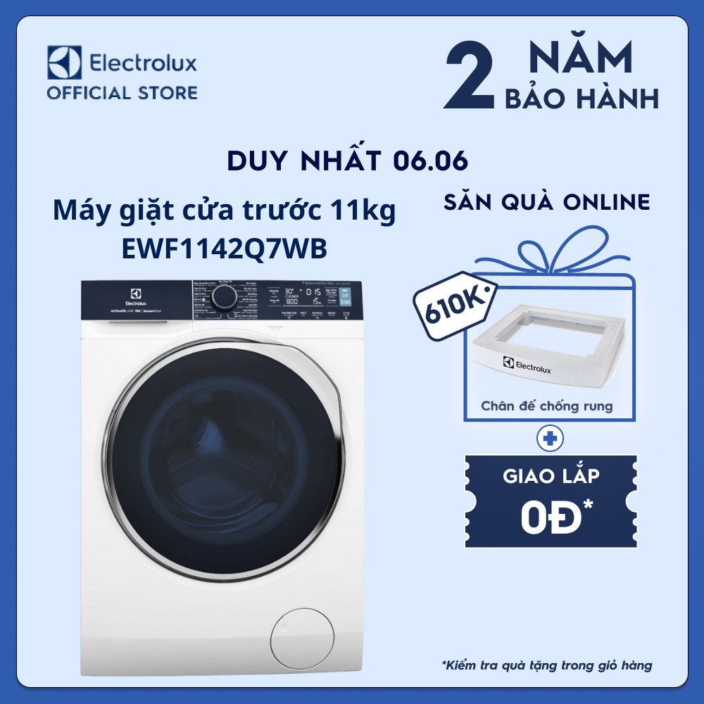 [Free Giao lắp] Máy giặt cửa trước Electrolux 11kg UltimateCare 700 - EWF1142Q7WB - Giặt sạch sâu, không cặn giặt tẩy, diệt 99.9% vi khuẩn, kết nối Wifi, tư vấn chăm sóc quần áo [Hàng chính hãng]