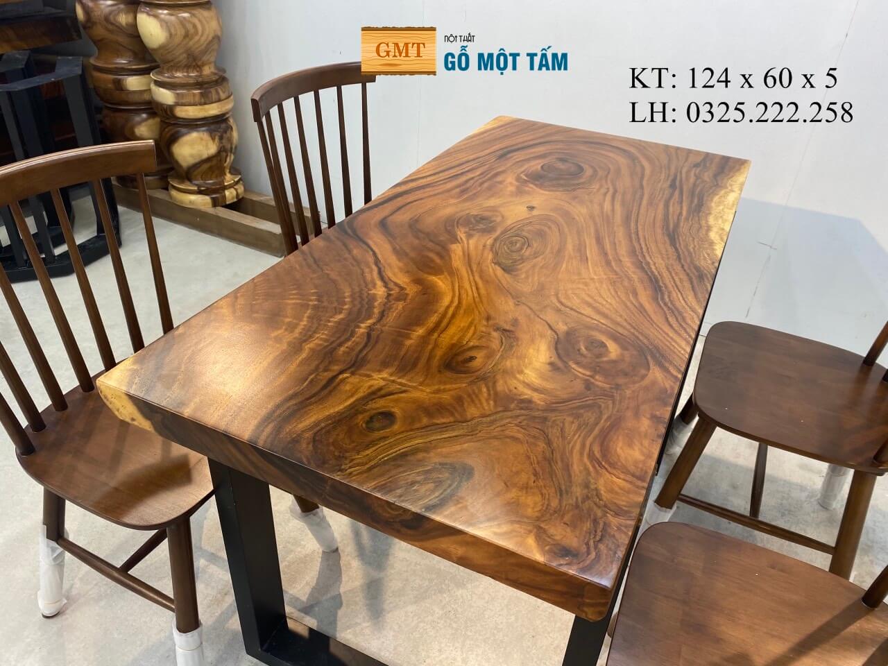 Bàn Ăn 4 Ghế Gỗ Tự Nhiên, Bàn Làm Việc Hiện Đại, Bàn Trà Gỗ Me Tây Dài 1,24m Rộng 60cm Dày 5cm