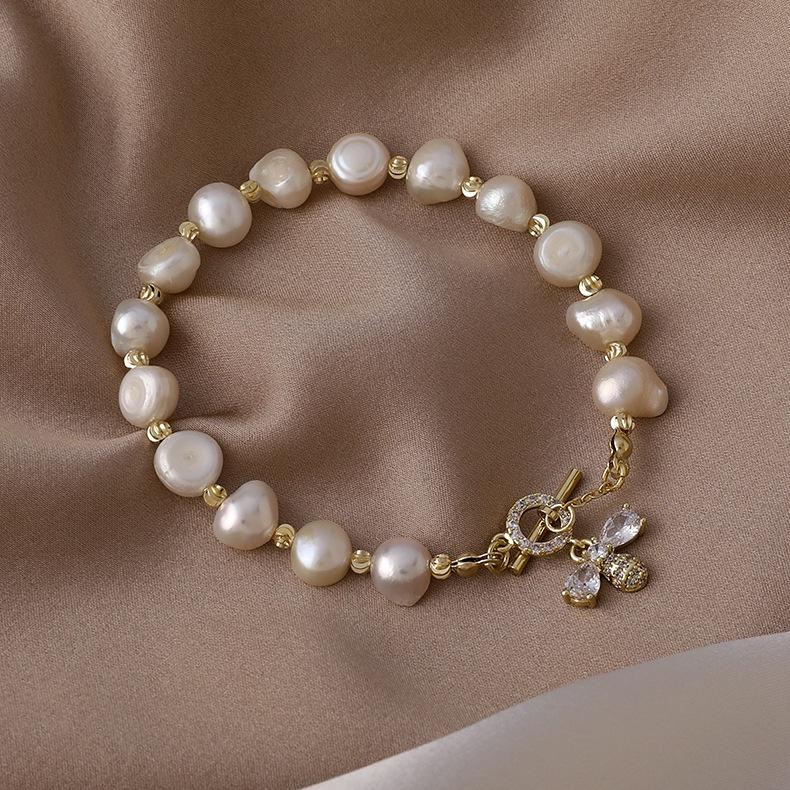 XiaoboACC Korean Fashion Freshwater Pearl Zircon Bee Pendant Bracelet