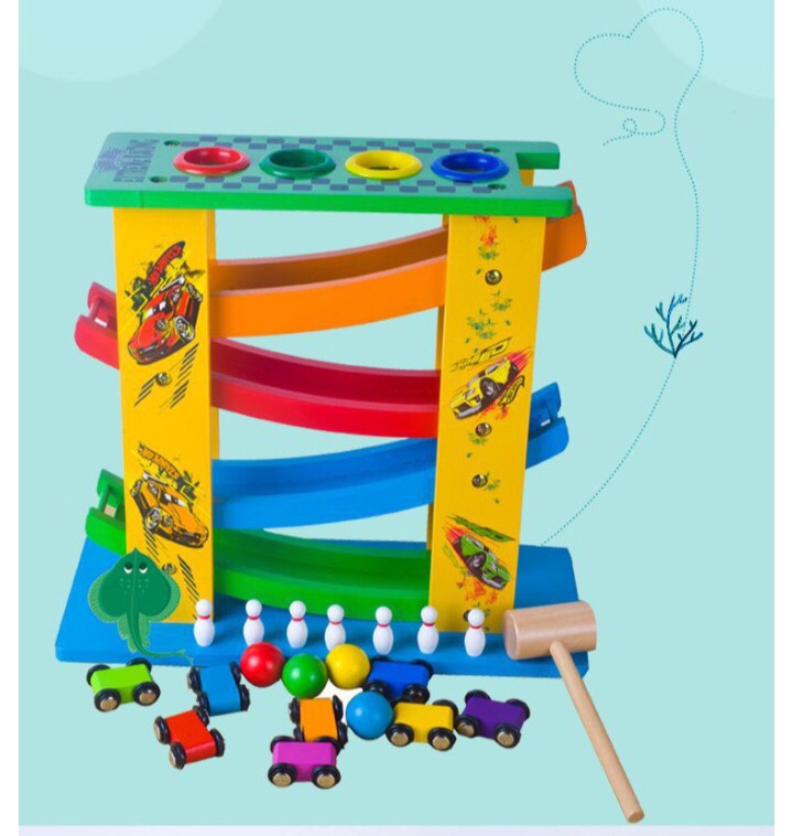 Cầu trượt ô tô 4 tầng kết hợp chơi bowling và đập bóng cho bé - Đồ chơi gỗ 3in1