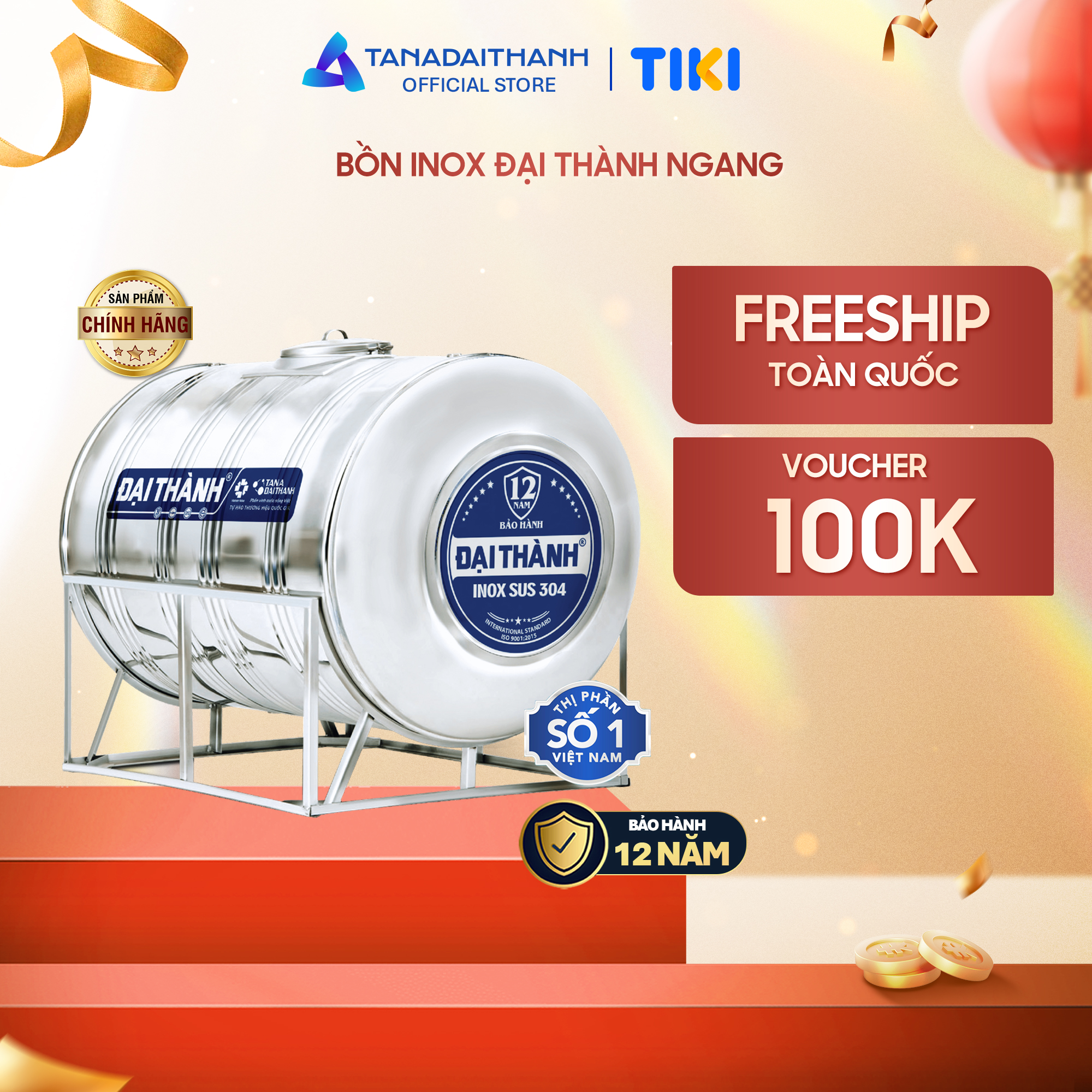 Bồn nước inox Đại Thành Ngang (500L, 1000L, 1500L, 2000L) - SUS 304, Hàng chính hãng (Chỉ bán tại khu vực miền Nam)