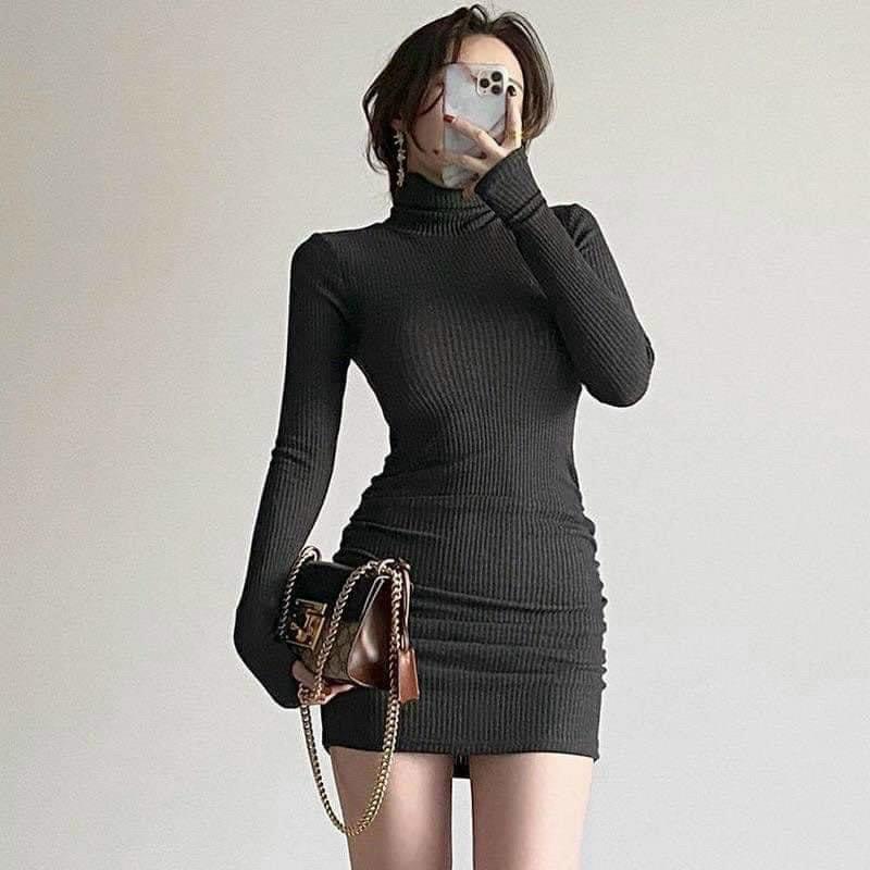 Đầm Body Tay Dài Cổ Lọ Nhún Sườn Chất Thun Gân Thích Hợp Mặc Đi Tiệc Đi Làm Đi Chơi