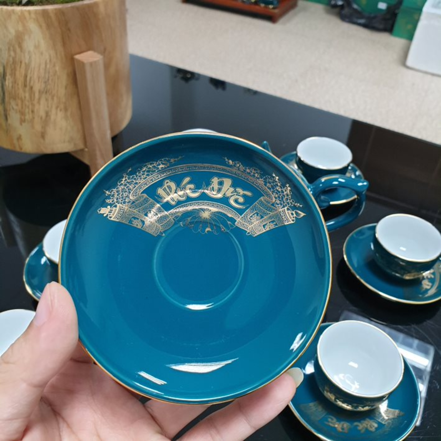 Bộ ấm chén uống trà cao cấp , bộ ấm trà Bát Tràng - phúc đức xanh mallard
