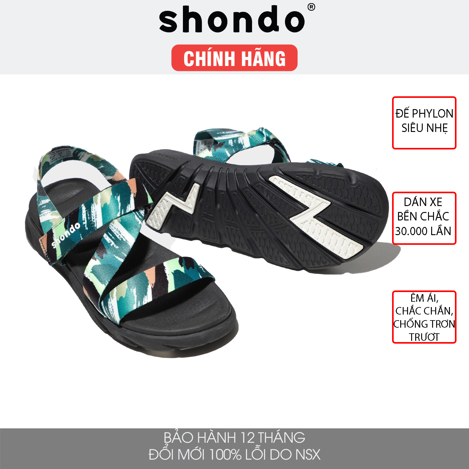 Giày sandal Shondo nam nữ đi học đế bằng đế đen quai vệt xanh lá F6S1040
