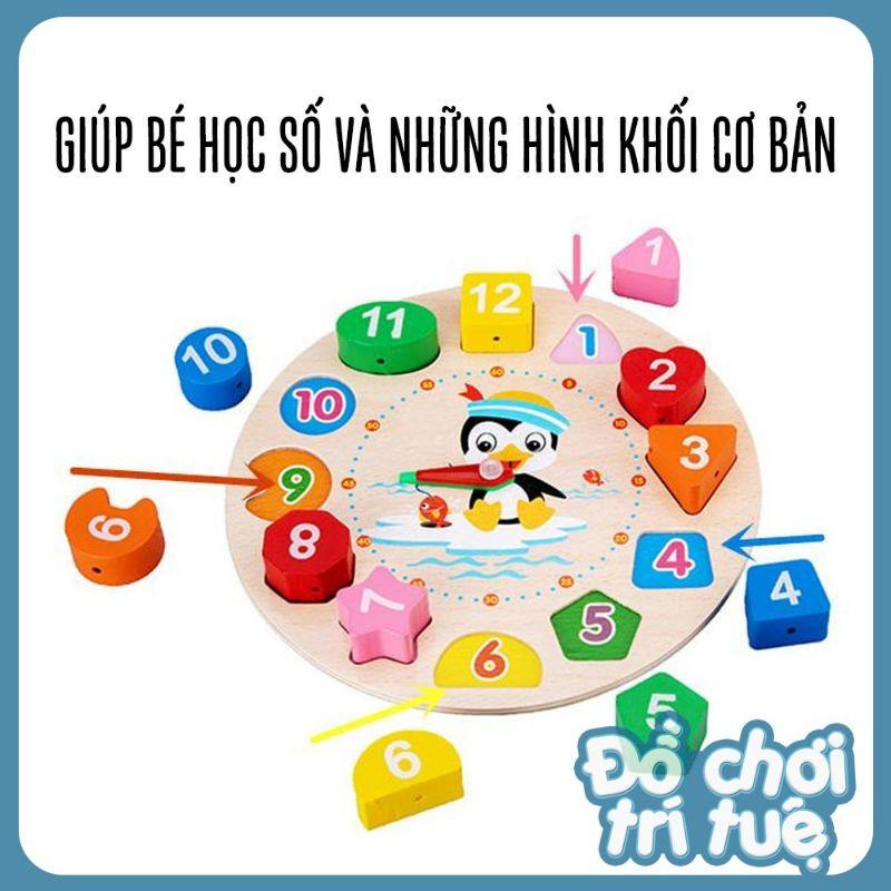 Đồ chơi thông minh đồng hồ gỗ kèm xâu hạt chữ số size lớn cao cấp cho bé từ 3 tuổi