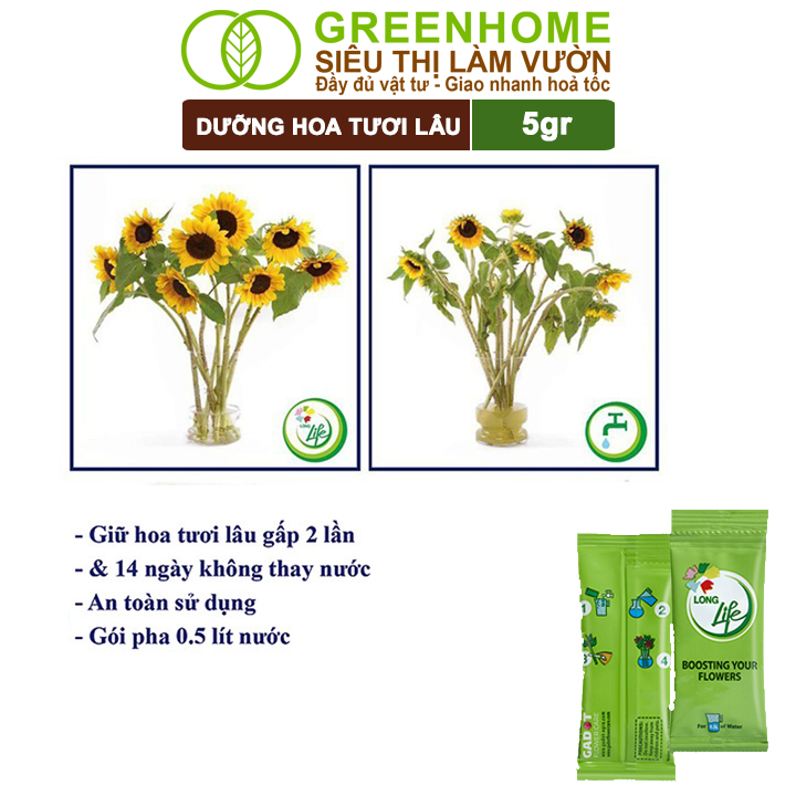 Dưỡng Hoa Tươi Lâu Greenhome, Longlife, Phân Bón Cho Hoa Cắt Cành, Gói 5gr, Lâu Tàn, Nở Bông To, Không Bị Hôi Nước