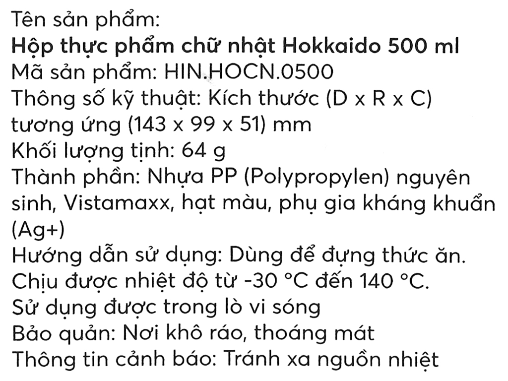 Hộp thực phẩm chữ nhật Inochi Hokkaido (kháng khuẩn khử mùi, không chứa BPA, dung tích từ 500ml-750ml-1000ml-1500ml-2000ml-2500ml)