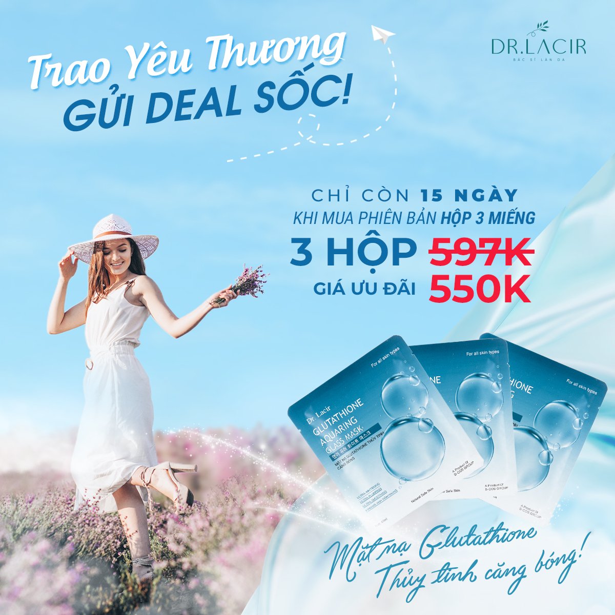Mặt Nạ Glutathione Thuỷ Tinh Căng Bóng, Trắng Da, Mờ Nám, Giảm Nhăn - Dr. Lacir - Chính Hãng Hàn Quốc Khóa M