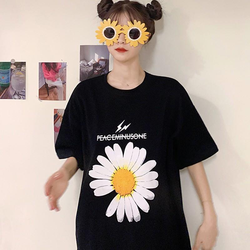 Áo Thun Tay Ngắn Cổ Tròn Hoạ Tiết Hoa Thiết Kế Dáng Rộng Thoải Mái