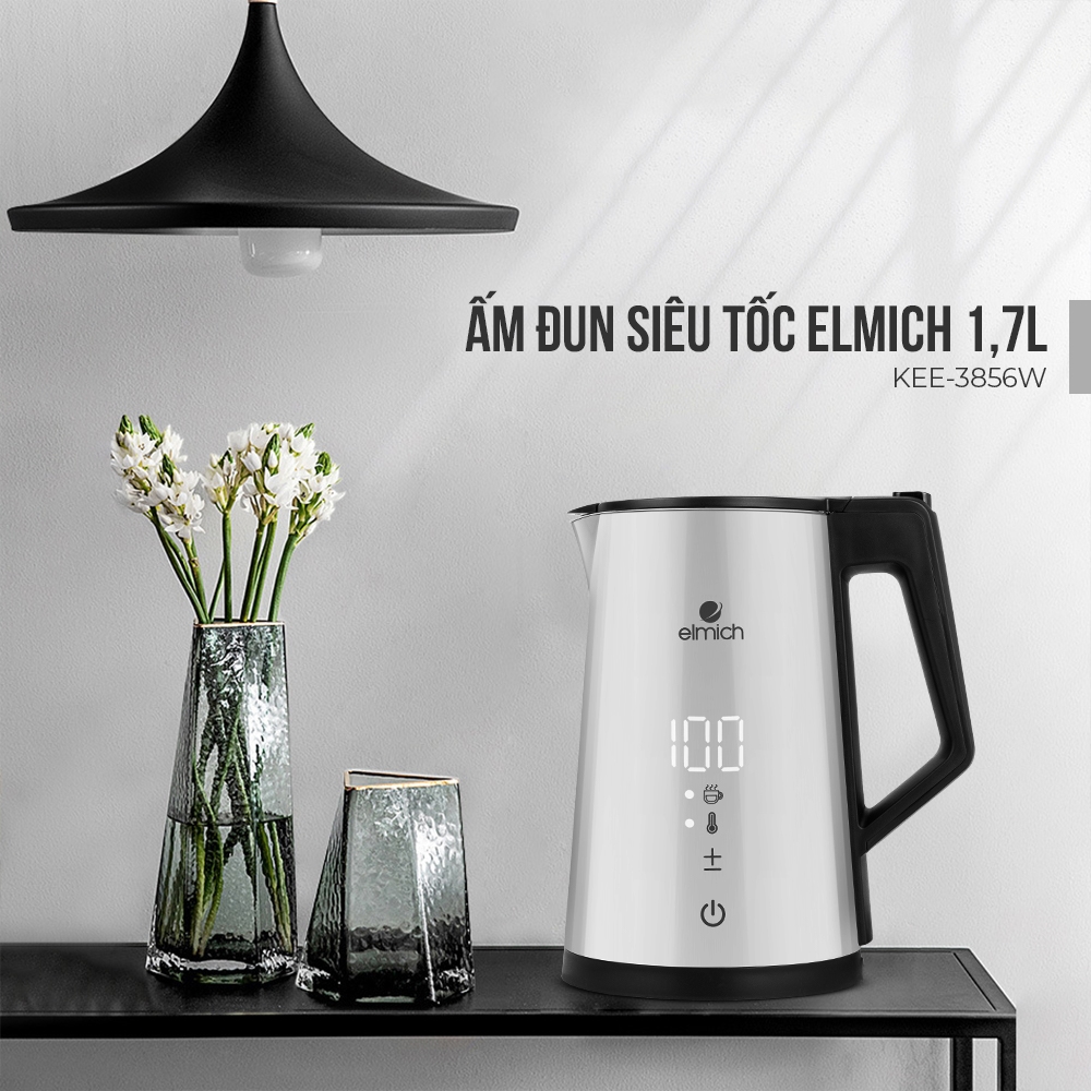 Ấm Siêu Tốc Đun Nước ELMICH 1.7L Bình Đun Nước Siêu Tốc Hiển Thị Nhiệt Độ EL3856W Hàng Chính Hãng