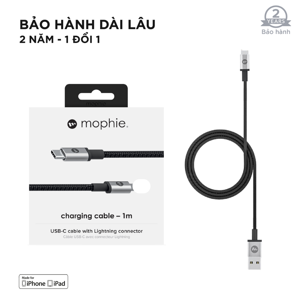 Dây cáp Mophie USB - A to LNing dành cho IP/tablet dài 1M có MFI - Hàng chính hãng