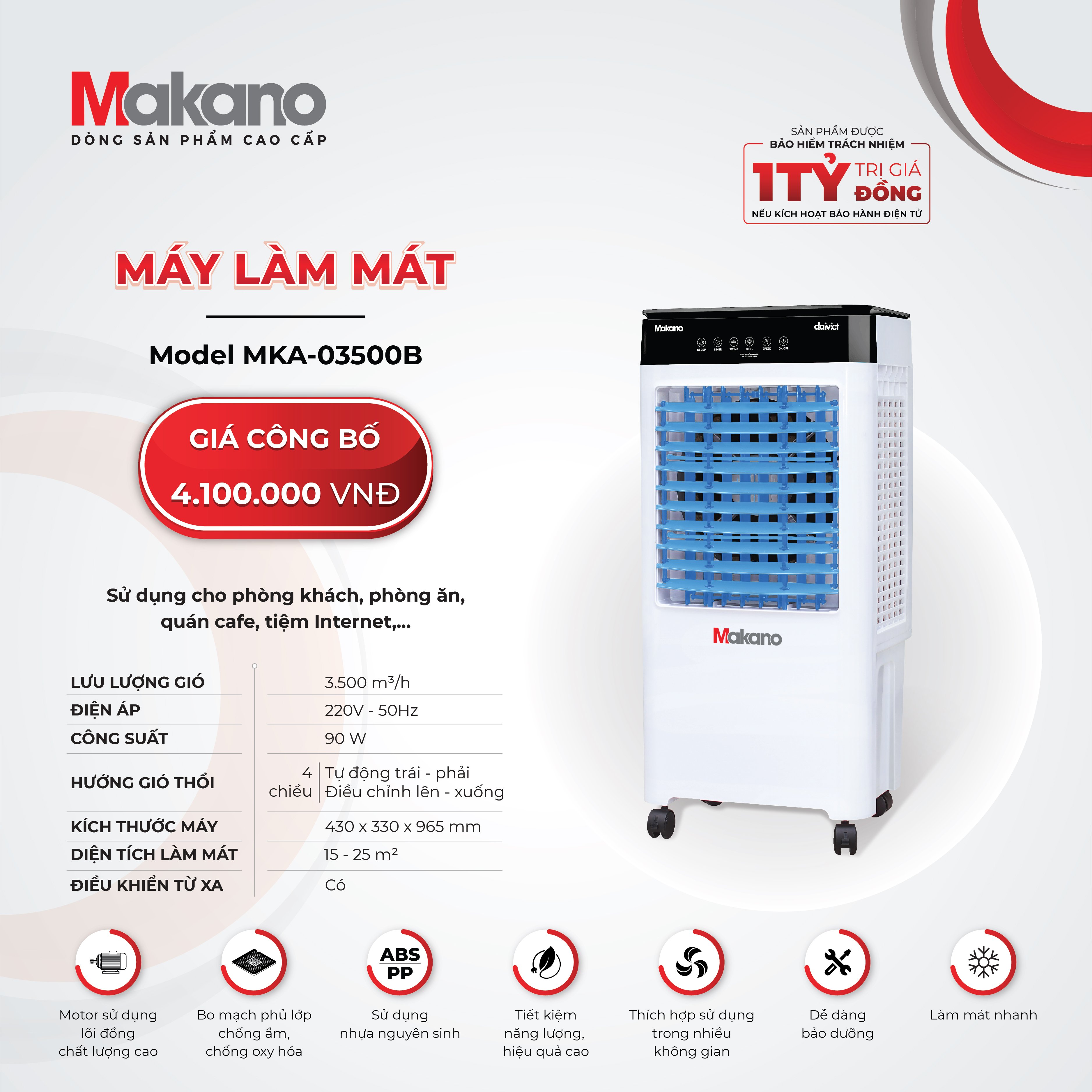 Quạt điều hoà làm mát không khí Makano MKA-03500B Công suất 90W, Lượng gió 3.500 M³/H - Hàng chính hãng