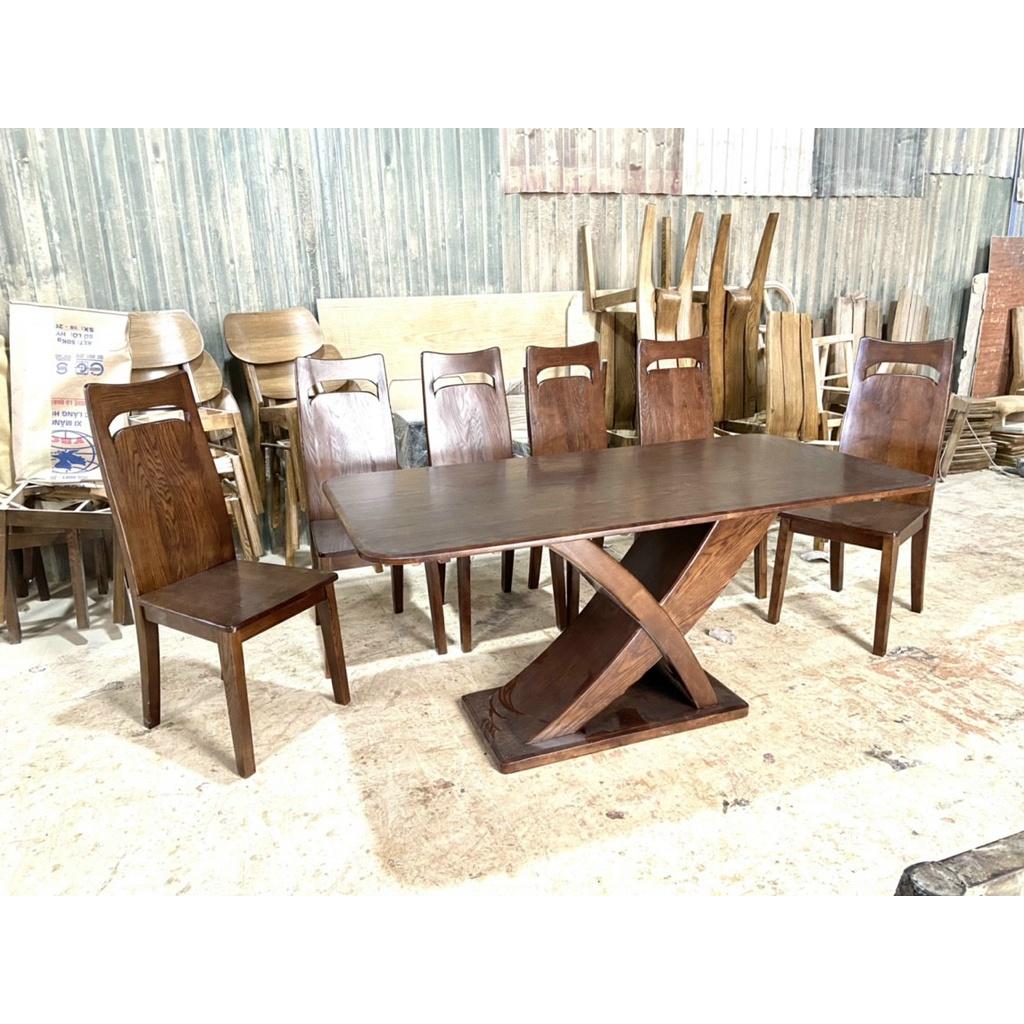 Bàn ghế ăn gỗ sồi cao cấp (bàn 160cm chân chữ X chữ U+6 ghế tựa lưng cao)