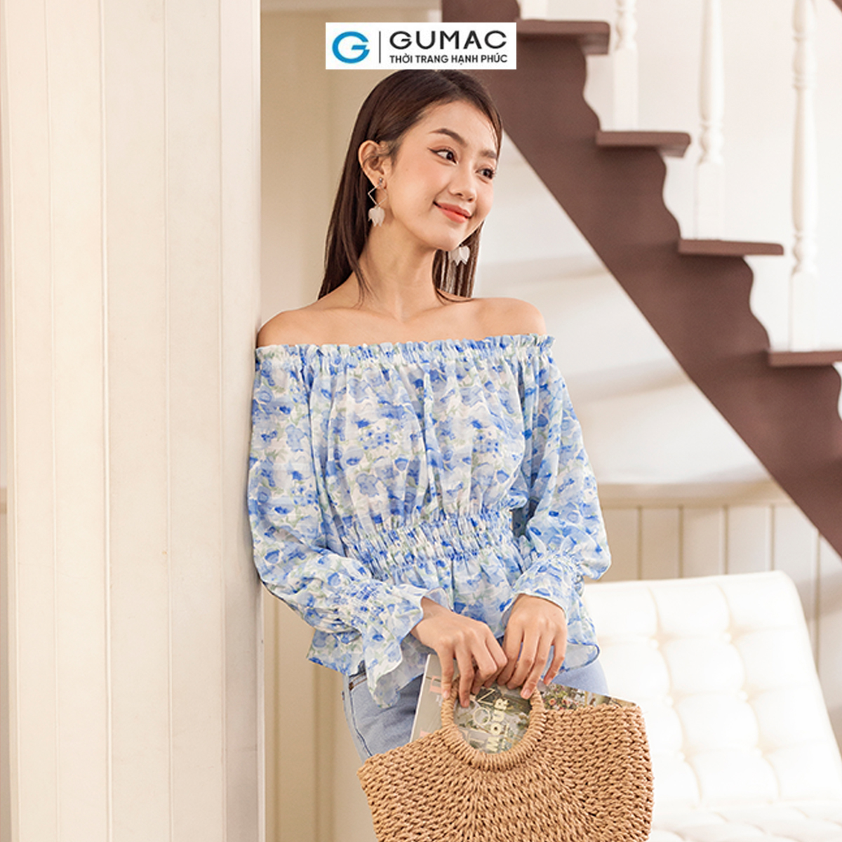 Áo kiểu hoa trễ vai thời trang GUMAC AD06022