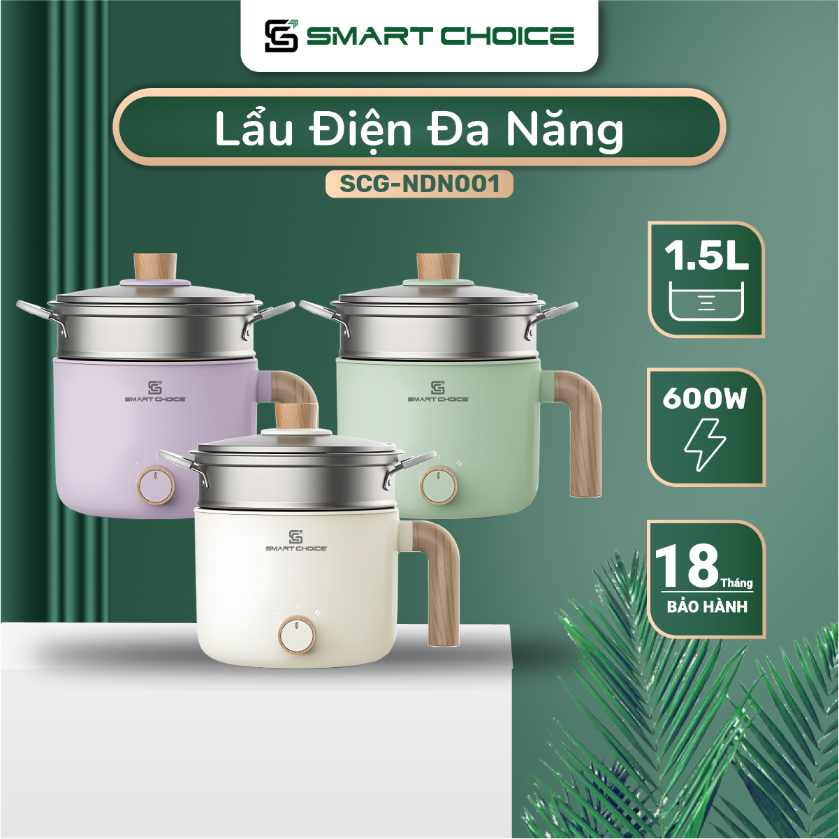 Nồi Lẩu Điện Mini SmartChoice Hàng chính hãng SCG-NDN001, Nồi Điện Đa Năng 1,5L 600W Kèm Xửng Hấp 3 Mức Nhiệt