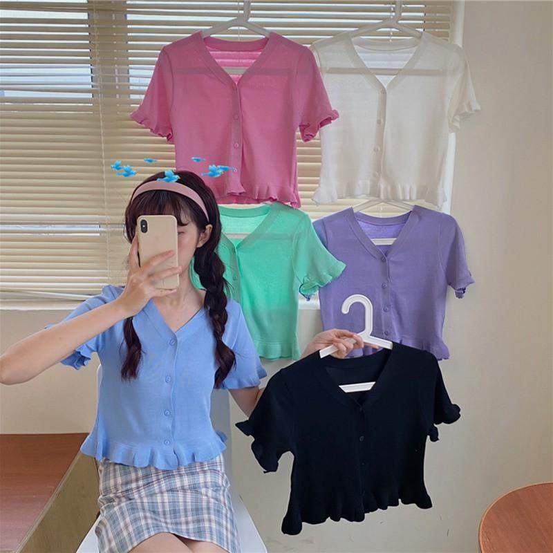 Áo Thun Dệt Kim Tay Ngắn Cổ Chữ V Phối Bèo Nữ Tính