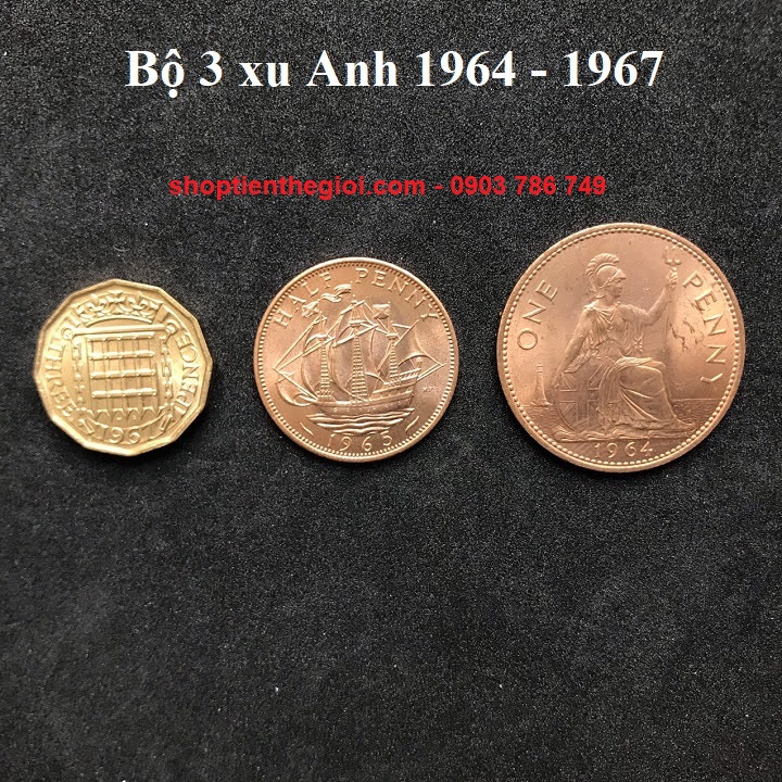 Sưu Tầm Xu Thế Giới - Bộ 3 xu Anh 1964-1967, xu sưu tầm phong thuỷ quà tặng - SP005174