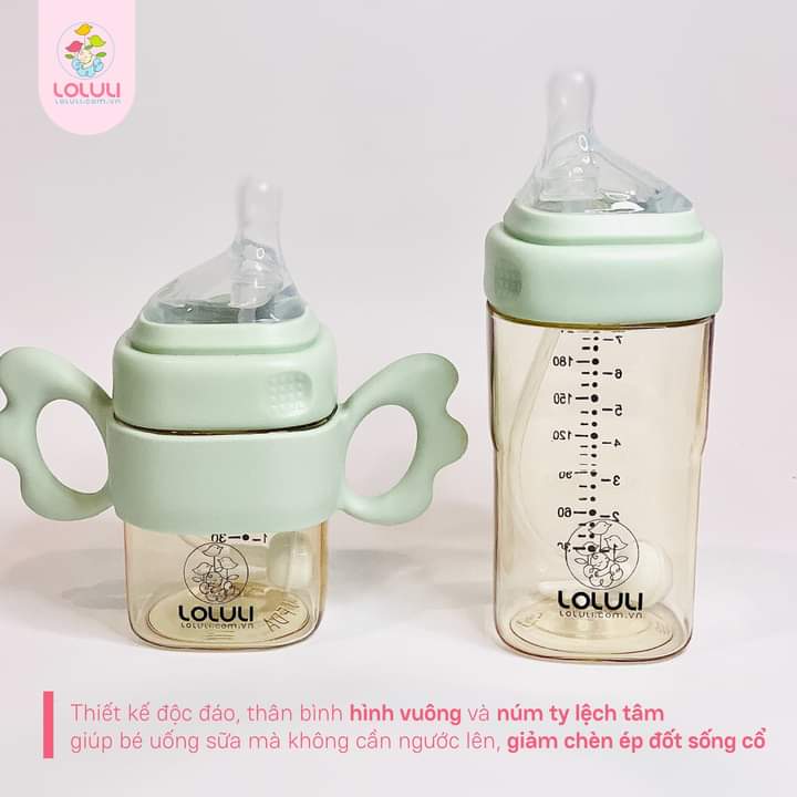 [KHÔNG BAO GỒM TAY CẦM VÀ TY ỐNG HÚT) Bình sữa Loluli PPSU cổ vuông cho bé chống sặc dây hút 360 độ 240ml